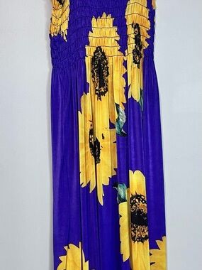 Sunflower Print Maxi Dress XL Purple Yellow Smocked Sleeveless Sundress